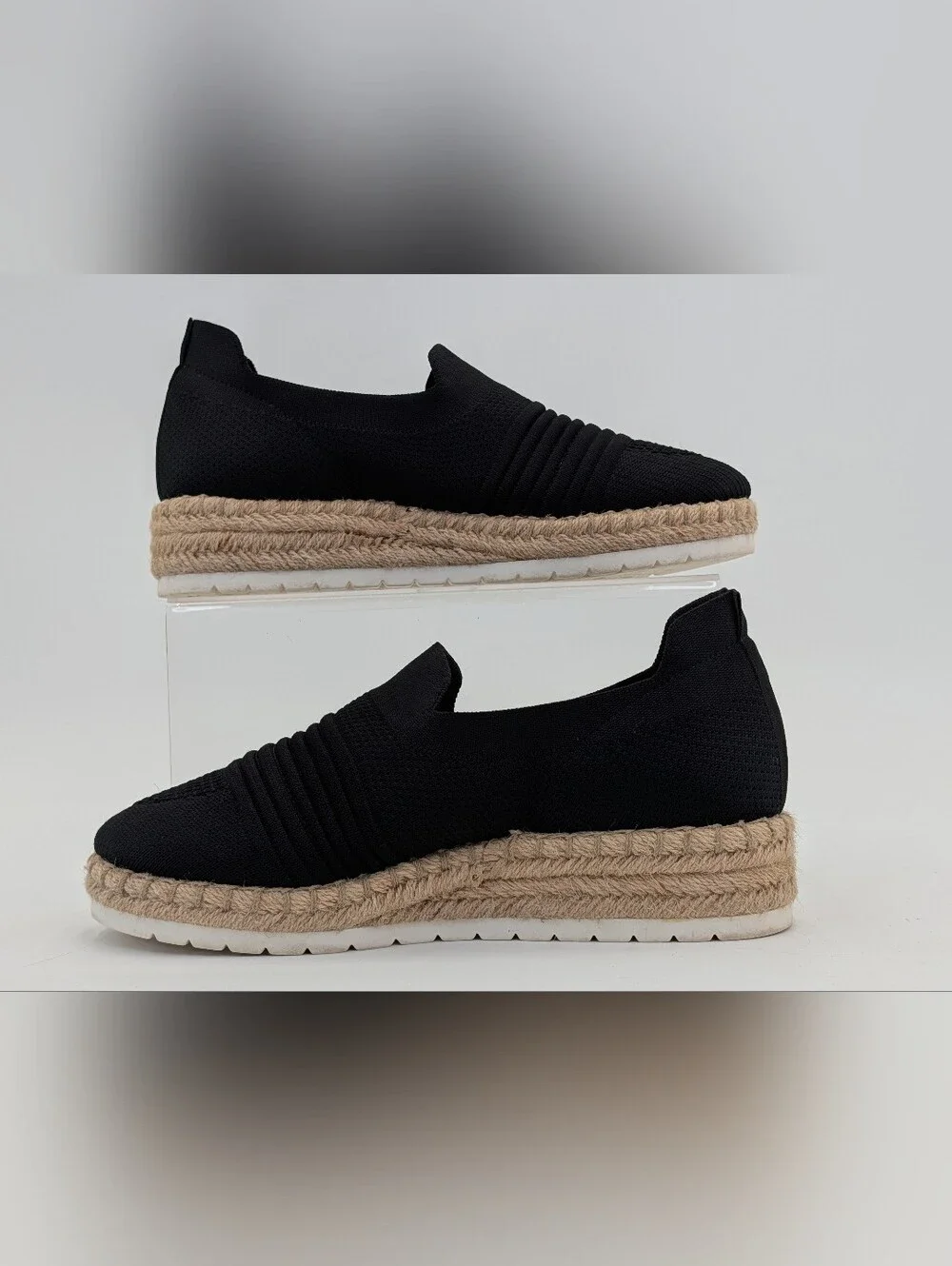 Adrienne Vittadini Sport Sz 7.5 Niko Espadrille Sneakers Black Knit Platform